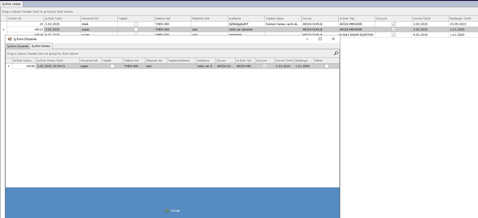 Scherm onderhoudswerkorderlijst