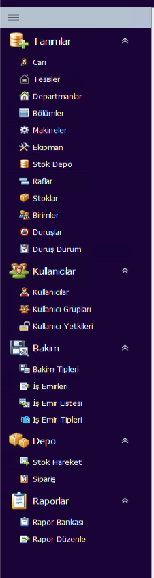 Scherm onderhoudsbeheer menu