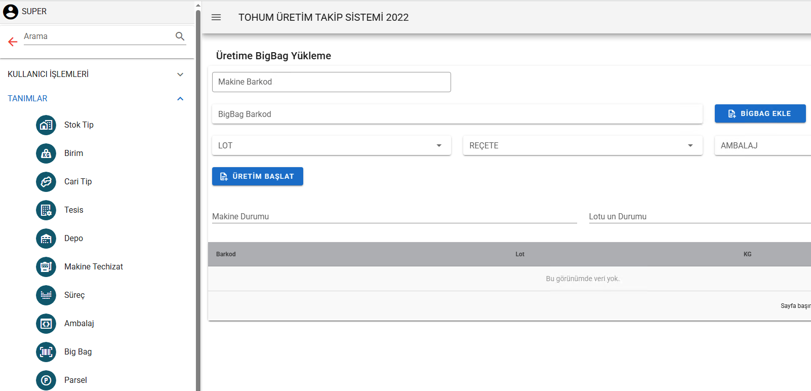 Scherm zaadproductie opvolgsysteem